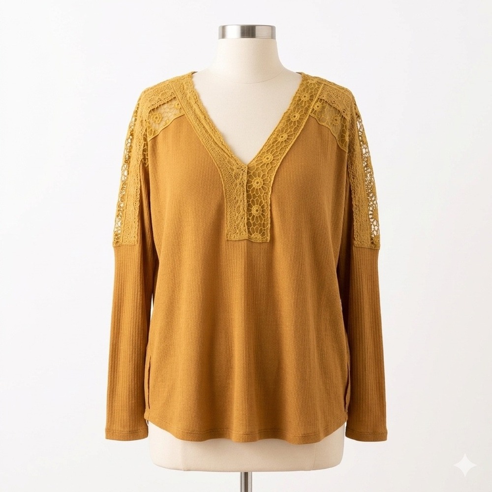 Free People Lola Lace Trim V-Neck Top‎ Large Mustard Yellow Boho Crochet Thermal